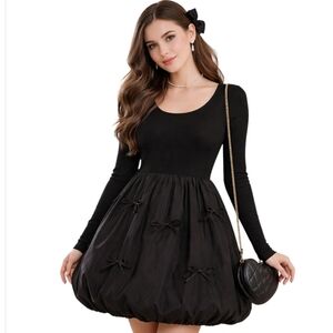 Rough los angeles  black ribbed knit long sleeve bubble dress w bows medium